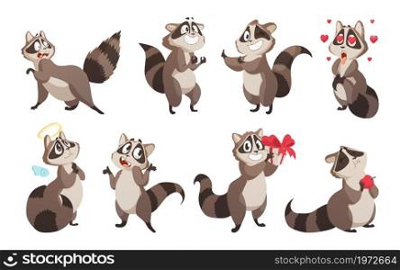 Cartoon raccoon. Cute adorable baby wild woodland animal with tail and paws standing in funny poses. Isolated funny mascots give present and eat apple. Vector fluffy creature emotional expressions set. Cartoon raccoon. Adorable baby wild woodland animal with tail and paws standing in funny poses. Funny mascots give present and eat apple. Vector fluffy creature emotional expressions set