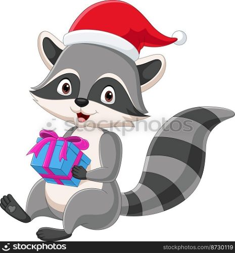 Cartoon raccoon holding a gift box