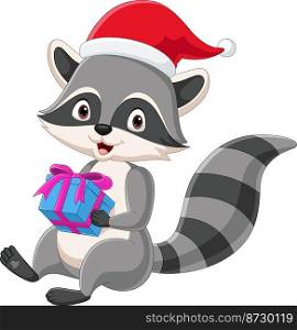Cartoon raccoon holding a gift box