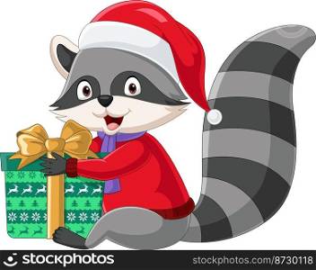 Cartoon raccoon in santa claus costume holding a gift box