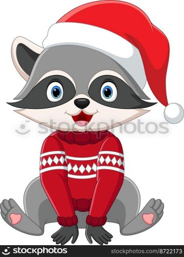 Cartoon raccoon in sweater and santa hat