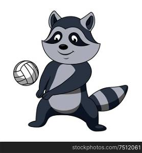 Cartoon raccoon player character with volleyball ball for sport or mascot theme design. Cartoon raccoon with volleyball ball