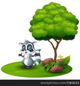 Cartoon raccoon under a tree on a white background