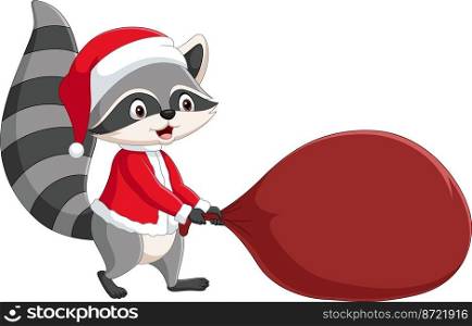 Cartoon raccoon wearing santa claus costume with red bag