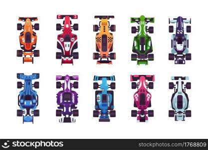 Cartoon race cars. Colorful sport racing championship fast machines. Top view of isolated childish automobile toys. Start of competition for driving high-speed vehicles. Vector bright transport set. Cartoon race cars. Colorful sport racing championship fast machines. Top view of isolated automobile toys. Start of competition for driving high-speed vehicles. Vector transport set