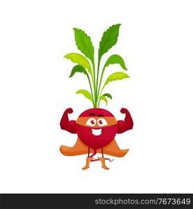 Cartoon radish super hero isolated vector icon. Funny vegetable in cloak and mask demonstrate power. Fairytale character, healthy food, vitamin superhero personage. Cartoon radish super hero isolated vector icon