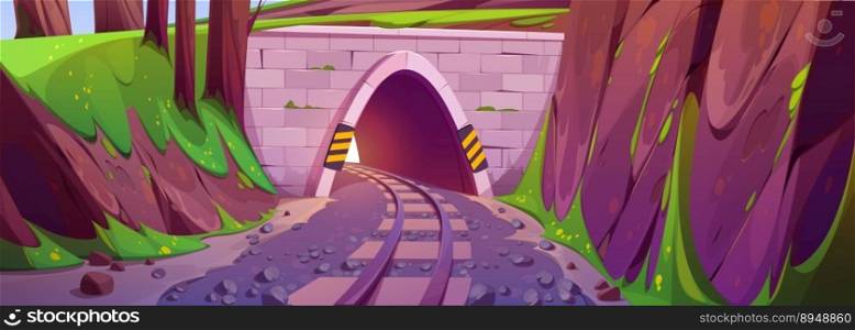 Cartoon railway tunnel in mountains. Vector illustration of railroad track running through stone bridge arch with brick entrance between rocks, forest trees, green grass on hills. Game background. Cartoon railway tunnel in mountains