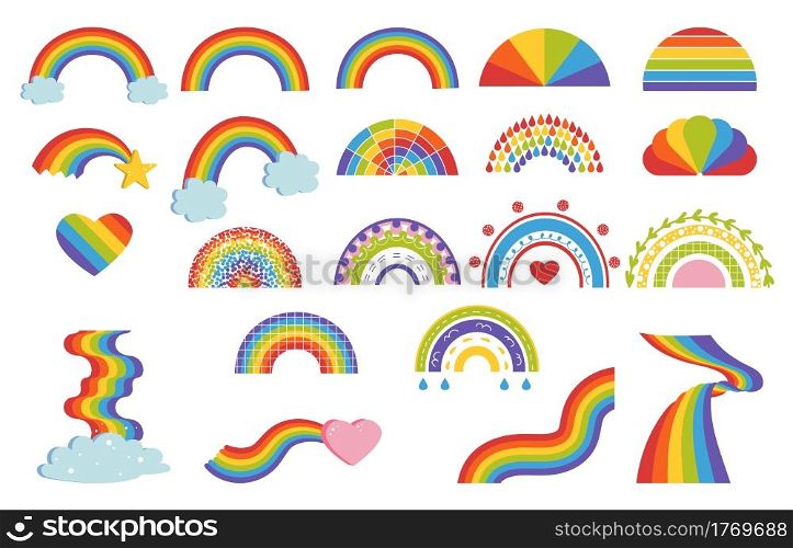 Cartoon rainbow. Child graphic multicolor symbol. Doodle arcs in sky and curve bands set. Color spectrum. Clouds with bright striped arch and heart. Isolated decorative elements. Vector signs set. Cartoon rainbow. Child graphic multicolor symbol. Doodle arcs in sky and curve bands set. Color spectrum. Clouds with striped arch and heart. Vector isolated decorative elements set