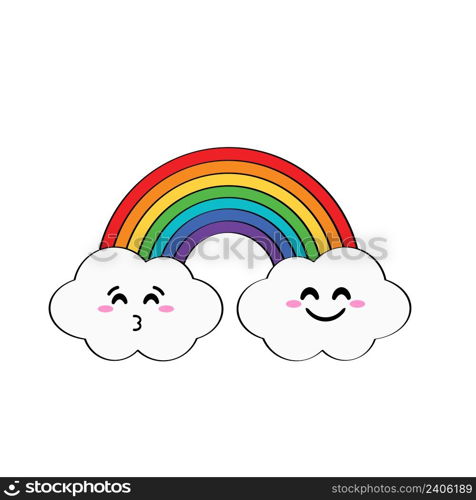 Cartoon rainbow, colorful rainbow decorated with hearts and clouds, colorful collection of graphic illustrations.