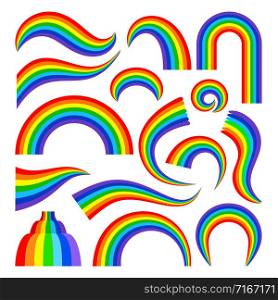 Cartoon rainbow. Rainbows arch and curved ribbons vector illustration, summer rain symbols isolated on white background. Cartoon rainbow set