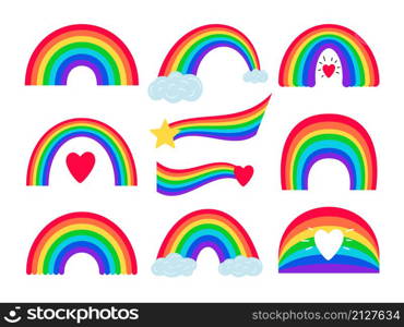 Cartoon rainbow stripes. Vector rainbows with clouds hearts and stars illustration on white, different shapes kids art raianbow rianmbow designs for paper collage. Cartoon rainbow stripes