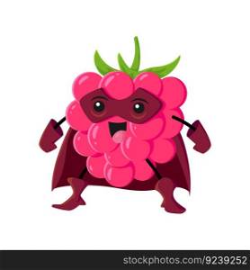 Cartoon raspberry berry superhero character. Vector funny super hero vigilante in mask and cloak with cute smiling face. Isolated fairy tale plant comics book personage for kids menu, book or game. Cartoon raspberry berry cute superhero character