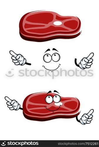 Cartoon raw beef steak slice on the bone with charming smile, for butcher shop or steakhouse menu theme. Cartoon raw beef steak slice