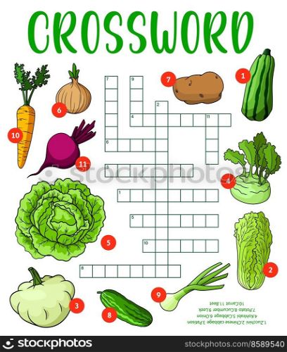 Cartoon raw farm isolated vegetables on crossword puzzle worksheet, vector word quiz. Kids education riddle grid game to guess word of zucchini, Chinese cabbage and patison, kohlrabi and onion. Cartoon raw farm vegetables on crossword puzzle
