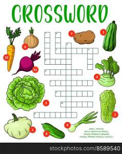 Cartoon raw farm isolated vegetables on crossword puzzle worksheet, vector word quiz. Kids education riddle grid game to guess word of zucchini, Chinese cabbage and patison, kohlrabi and onion. Cartoon raw farm vegetables on crossword puzzle