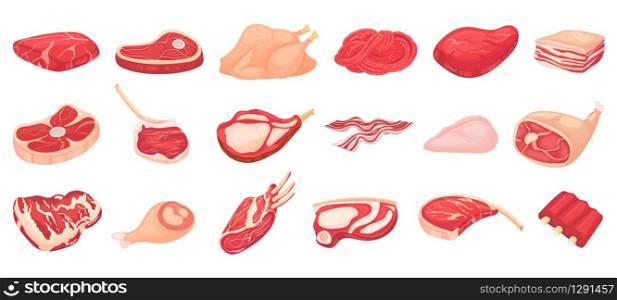 Cartoon raw meat. Bacon, steak and beef minced meat. Rack of ribs, chicken breast and pork loin vector set. Chicken and beef for barbecue, cartoon steak pork illustration. Cartoon raw meat. Bacon, steak and beef minced meat. Rack of ribs, chicken breast and pork loin vector set