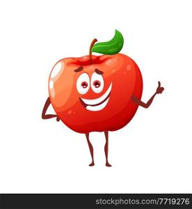Cartoon raw red apple cute character. Ripe farm fruit funny vector mascot, happy smiling apple character with leaf, isolated cute personage showing thumbs up hand gesture. Cartoon raw red apple cute vector character