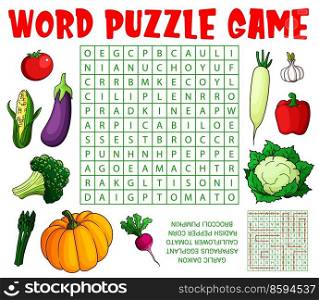 Cartoon raw vegetables, word search puzzle game worksheet, vector kids quiz. Crossword grid riddle game to find words of garlic, asparagus or eggplant and cauliflower with broccoli and pumpkin. Cartoon raw vegetables, word search puzzle game