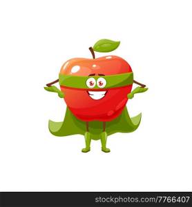 Cartoon red apple fruit superhero character. Vector funny super hero mascot in mask and green cloak smiling, stand with arms akimbo. Fairy tale cartoon smiling apple hero. Cartoon red apple fruit superhero vector character