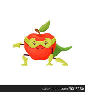 Cartoon red apple fruit superhero character. Vector funny super hero vigilante in mask and green cloak smiling and posing. Isolated fairy tale plant comics book personage for kids menu or game. Cartoon red apple fruit superhero character