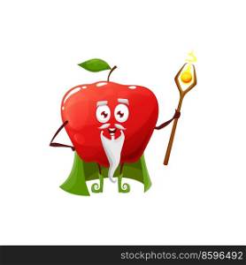 Cartoon red apple fruit wizard or magician character. Vector necromancer personage with magic staff. Funny wiz in green cape with white beard on smiling face. Cute sorcerer garden fruit, healthy food. Cartoon red apple fruit wizard magician character