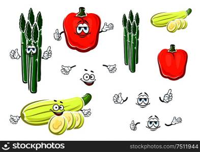 Cartoon red bell pepper, green asparagus bunch and striped zucchini vegetables for fresh healthy food or agriculture. Bell pepper, asparagus and zucchini vegetables