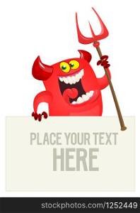 Cartoon red devil monster holding blank wooden board or placard. Halloween design