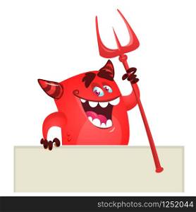 Cartoon red devil monster holding blank wooden board or placard. Vector monster character illustration. Halloween design