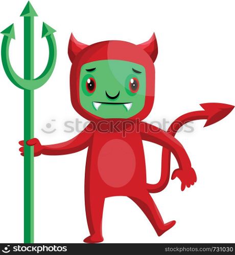 Cartoon red devil with green face and trident vector illustration on white background.