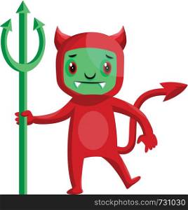 Cartoon red devil with green face and trident vector illustration on white background.