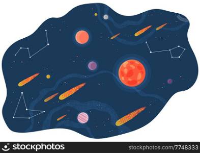 Cartoon red fantastic planet on lilac space background with flying meteorites and comets. Satellites and stars circle around planet in Solar system cartoon cosmic astronomic object in outer space. Solar system of planets, vector illustration with large and small celestial bodies flying in space