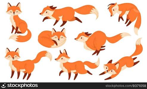 Cartoon red fox. Funny foxes with black paws, cute jumping animal. Foxy character, predator fox mascot or wildlife forest animal mammal. Isolated vector illustration icons set. Cartoon red fox. Funny foxes with black paws, cute jumping animal vector illustration set