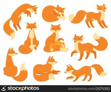 Cartoon red foxes sitting or sleeping, wildlife forest animals. Cute baby fox with mother, woodland animal mascot in different poses vector set. Smiley clever character walking, hunting. Cartoon red foxes sitting or sleeping, wildlife forest animals. Cute baby fox with mother, woodland animal mascot in different poses vector set
