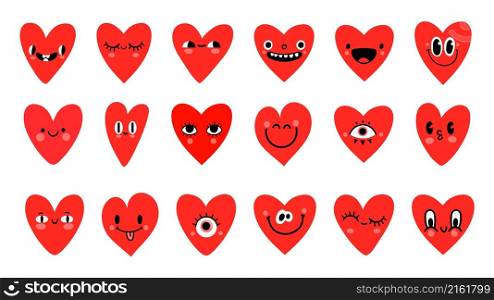Cartoon red heart characters with funny faces emoticon. Valentine day symbol. Cute romantic hearts with eyes for logo or sticker vector set. Smiling facial expressions isolated on white. Cartoon red heart characters with funny faces emoticon. Valentine day symbol. Cute romantic hearts with eyes for logo or sticker vector set