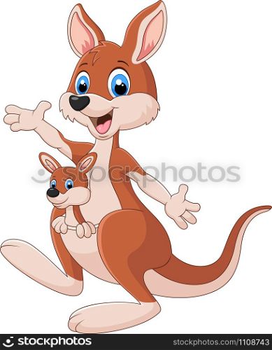 Cartoon red kangaroo carrying a cute Joey. vector illustration