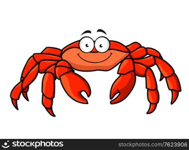 Cartoon red marine crab with big pincer claws and a happy smile, isolated on white