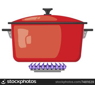 Cartoon red metal pan with the lid closed on a gas stove. Vector image kitchen pan in the fire. Stock vector illustration