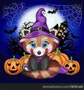 Cartoon red panda in a purple witch&rsquo;s hat and cloak with pumpkins, against the backdrop of a cobweb, castle, moon and trees. Halloween poster. Cartoon red panda in a purple witch&rsquo;s hat and cloak with pumpkins, against the backdrop of a cobweb, castle, moon and trees. Halloween