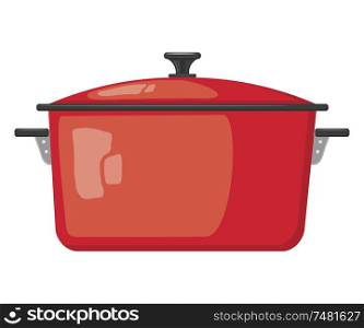 Cartoon red pot with lid on white background. Kitchen utensils. The color image red pots. stock vector