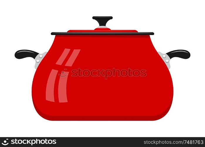 Cartoon red saucepan on a white background. Kitchen utensils. Color image red pots. Stock vector