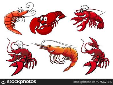 Cartoon red shrimp, crab and lobster characters with smiling faces and googly eyes isolated on white for seafood or another design