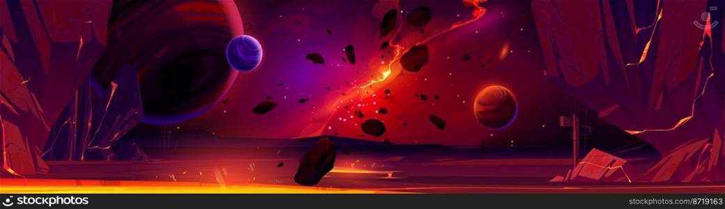 Cartoon red space background with glowing galaxy nebula and flying rocks and planets in dark starry sky. Birth of new star, explode in universe. Fantasy alien world, cosmos view, Vector illustration. Cartoon space background with glow galaxy nebula