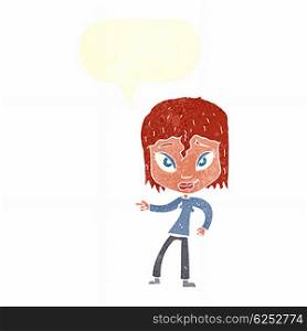 cartoon relaxed woman pointing with speech bubble