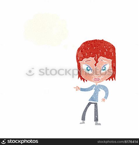 cartoon relaxed woman pointing with thought bubble