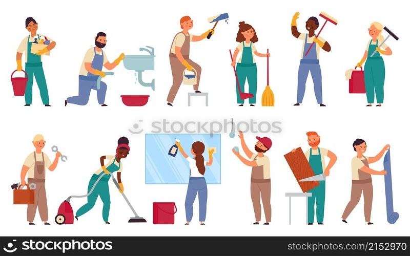 Cartoon repairman characters. Home workers, construction builder painter with equipment. Cleaning and house renovation team decent vector set. Illustration technician and maintenance, foreman repair. Cartoon repairman characters. Home workers, construction builder painter with equipment. Cleaning and house renovation team decent vector set
