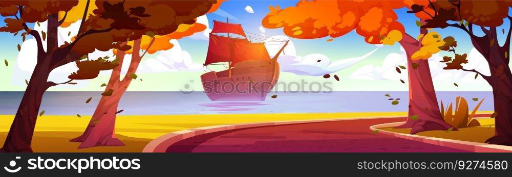Cartoon retro boat with red sails in sea, view from autumn park with golden foliage falling from yellow trees. Vector illustration of vintage wooden vessel floating on water surface. Romantic voyage. Cartoon boat with red sails in sea, autumn park