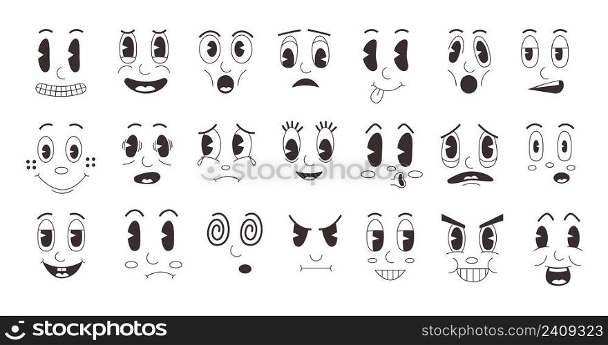 Cartoon retro faces. Doodle clip art funny emotions, old mascot face collection with comic smile. Vector set. Shocked, disappointed, happy , mesmerized characters facial expressions. Cartoon retro faces. Doodle clip art funny emotions, old mascot face collection with comic smile. Vector set