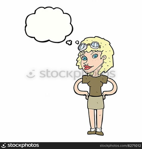 cartoon retro pilot woman with thought bubble