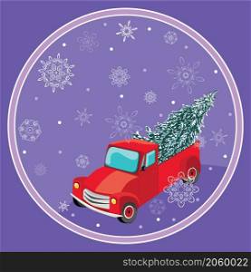Cartoon retro red pickup with evergreen tree and snowflakes illustration