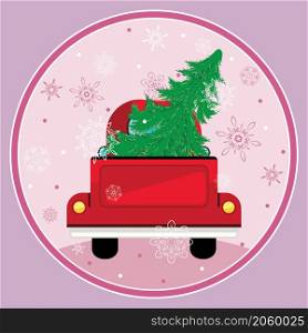 Cartoon retro red pickup with evergreen tree and snowflakes illustration